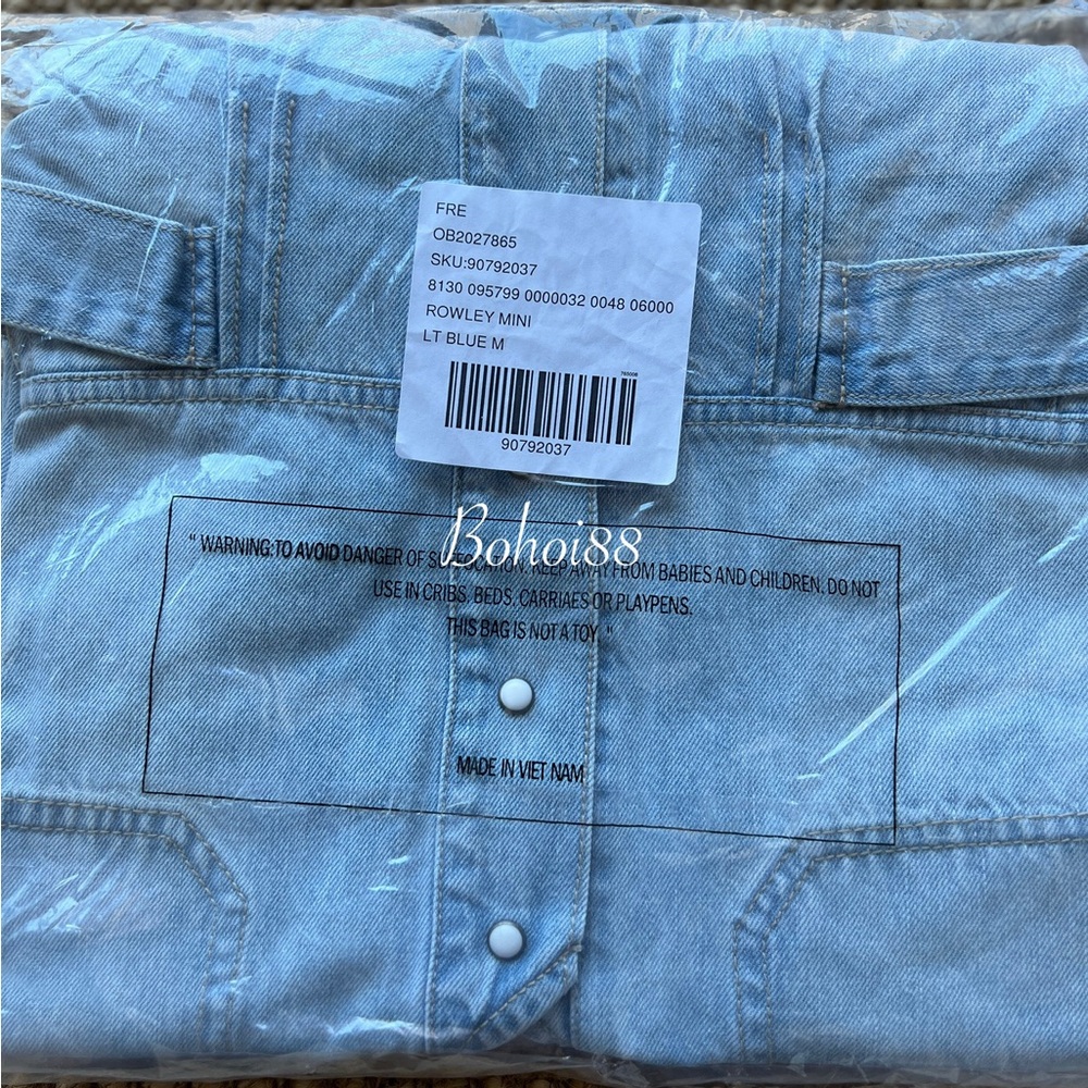 NWT Free People Rowley Denim Mini Dress Belted Button Front Plunge V-Neck - Picture 9 of 11